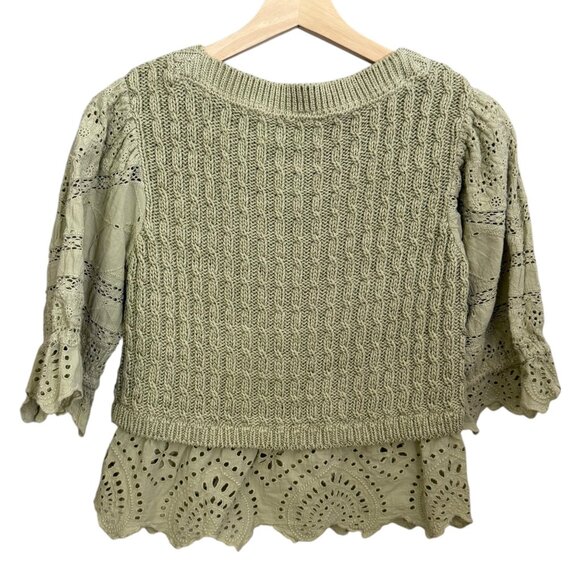 Anthropologie Lace Peplum Sweater Green XS Cable Knit Boho Cottagecore - Picture 2 of 7
